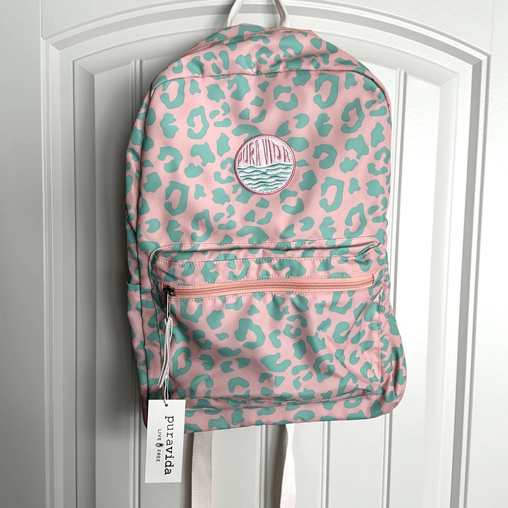 NWT Pura Vida Classic Backpack Pale Pink Soft Green Leopard Print with patch 💗